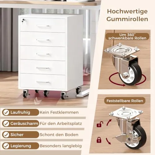 Rollcontainer mit 5 Schubladen, Aktenschrank Mit Schloss Metallrädern