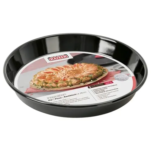 Original Kaiser Inspiration Pizzablech-Backblech rund 28 cm, Blech antihaftbeschichtet, schnittfester Emaille-Boden, spülmaschinengeeignet, formstabil, Schwarz