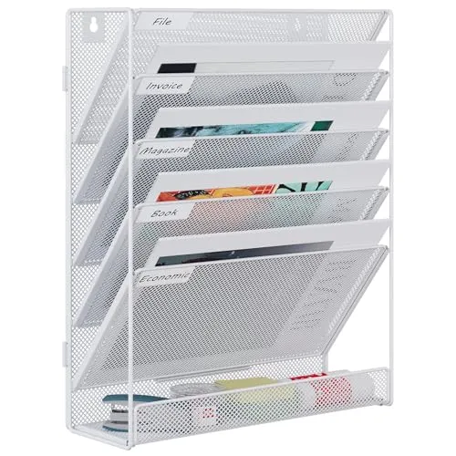 EasyPAG 6 Fächer Zusammensetzen Metall A4 Zeitschriftenhalter Wand Zeitschriften Wandhalter Aktenablage Dokumentenhalter Hängend Magazin Organizer Flyerständer Prospektspender,Weiß