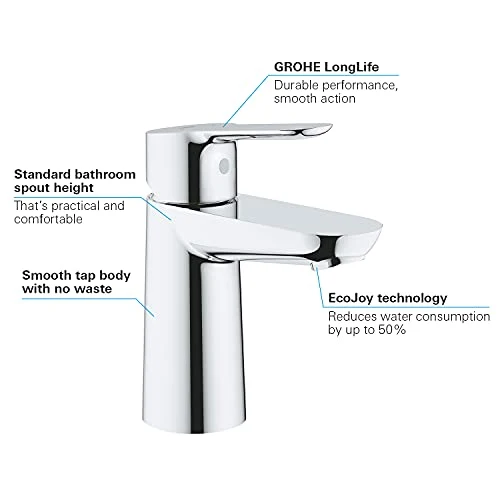 GROHE BauEdge, Waschtischarmatur, wassersparend (Wasserhahn für das Bad, 15cm hoch, mit Keramikkartusche, einfache Installation am Waschbecken), chrom, 23330000