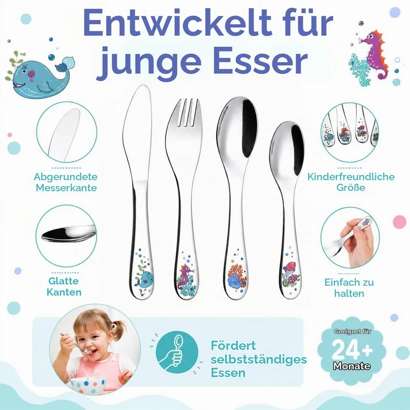 EXZACT Kinderbesteck 4 tlg Edelstahl Sea Tiere für Familienessen