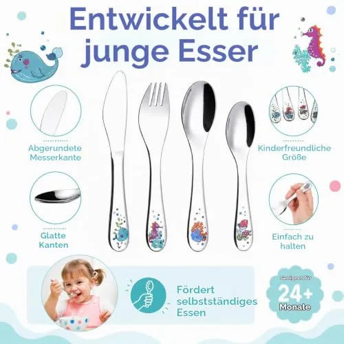 EXZACT Kinderbesteck 4 tlg Edelstahl Sea Tiere für Familienessen