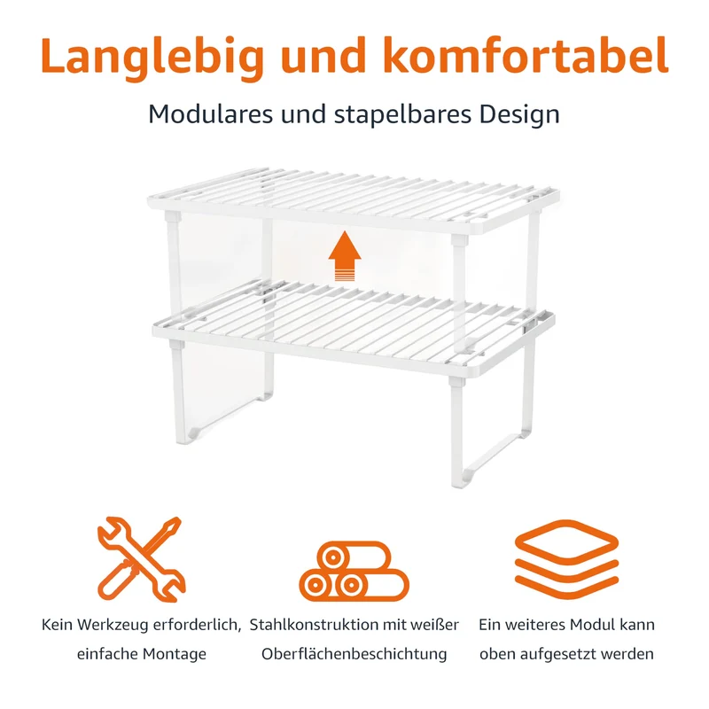 Amazon Basics Legierter Stahl Aufbewahrungsregale für die Küche, stapelbar, Weiß