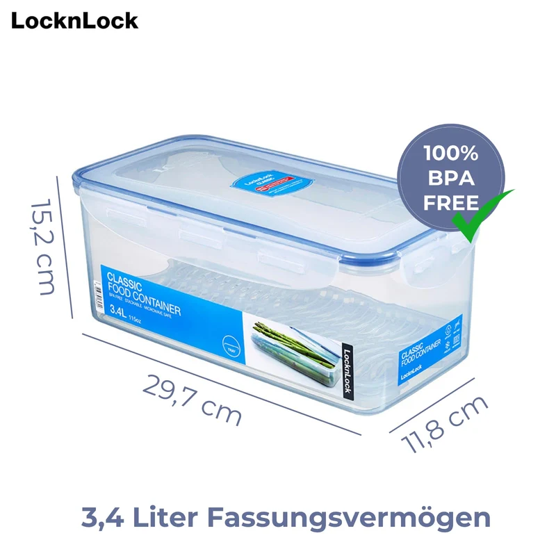 LocknLock PP Classic Vorratsdose mit Ablaufgitter | 3,4 L | 29,7 x 15,2 x 11,8 cm | 100 % luft- und wasserdicht | Gefrier-& Kühlschrank Organizer | Spülmaschinen-& Mikrowellengeeignet