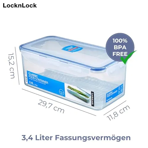 LocknLock PP Classic Vorratsdose mit Ablaufgitter | 3,4 L | 29,7 x 15,2 x 11,8 cm | 100 % luft- und wasserdicht | Gefrier-& Kühlschrank Organizer | Spülmaschinen-& Mikrowellengeeignet