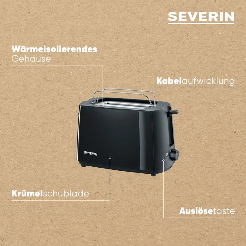 SEVERIN Automatik-Toaster, Toastgerät mit Brötchenaufsatz, hochwertig, mit Krümelschublade und 700 W Leistung, schwarz, AT 2287