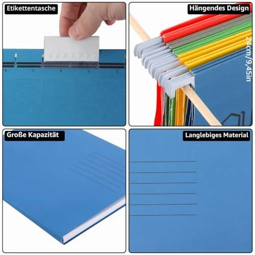 25 Stück Hängeregister Mappen, Hängemappen A4 mit Tabs und Karteneinsätzen, 5 Farben Hängeregister, Aktenschrank Hängemappen für Zuhause, Schule, Büro