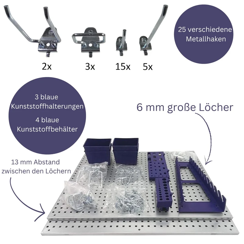 CF Technik Werkzeugwand Set aus Metall | 2x Lochwand (55,5 x 46 cm) inkl. 32-teiligem Haken und Behältersortiment | Stabiles Ordnungssystem für Werkstatt, Garage & Keller | Wandhalterung für Werkzeug