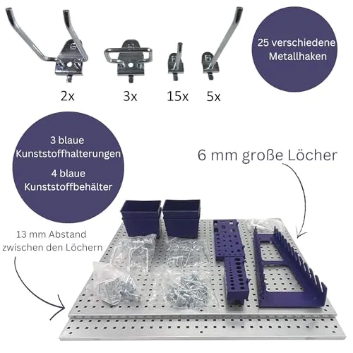 CF Technik Werkzeugwand Set aus Metall | 2x Lochwand (55,5 x 46 cm) inkl. 32-teiligem Haken und Behältersortiment | Stabiles Ordnungssystem für Werkstatt, Garage & Keller | Wandhalterung für Werkzeug
