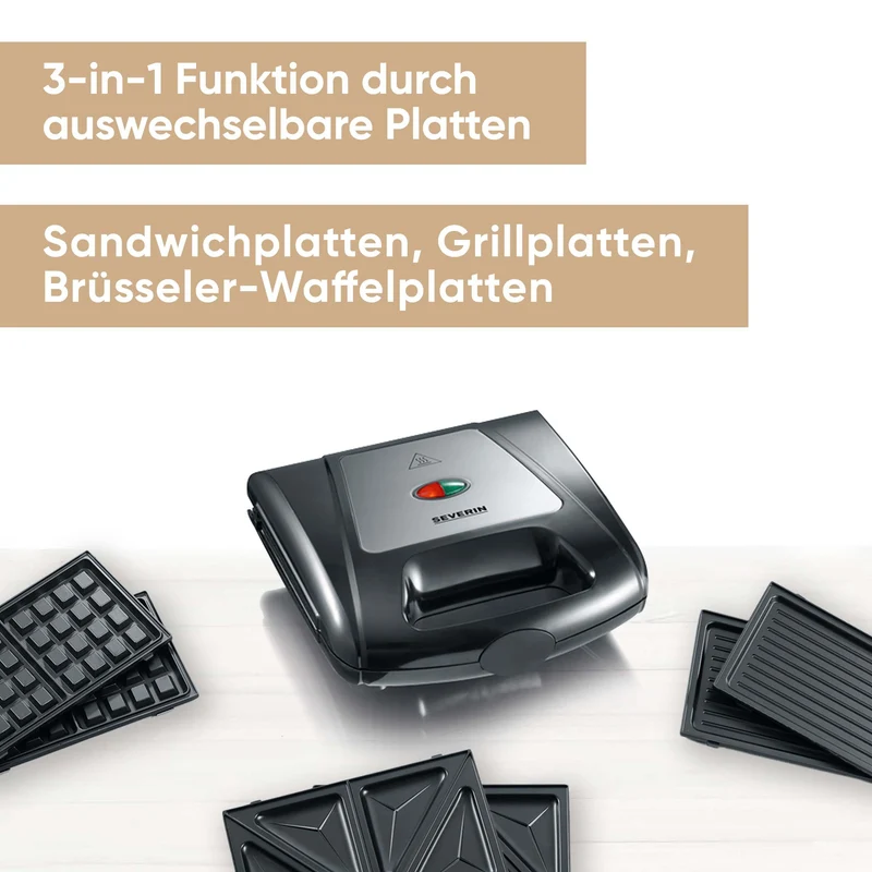 Severin 3in1 Sandwichmaker Sandwich-Toaster, auswechselbare Platten: Brüsseler-Waffeleisen, Grillplatten, Sandwich-Toasts, antihaftbeschichtet, 1.000 W, Edelstahl-gebürstet, schwarz, SA 2968