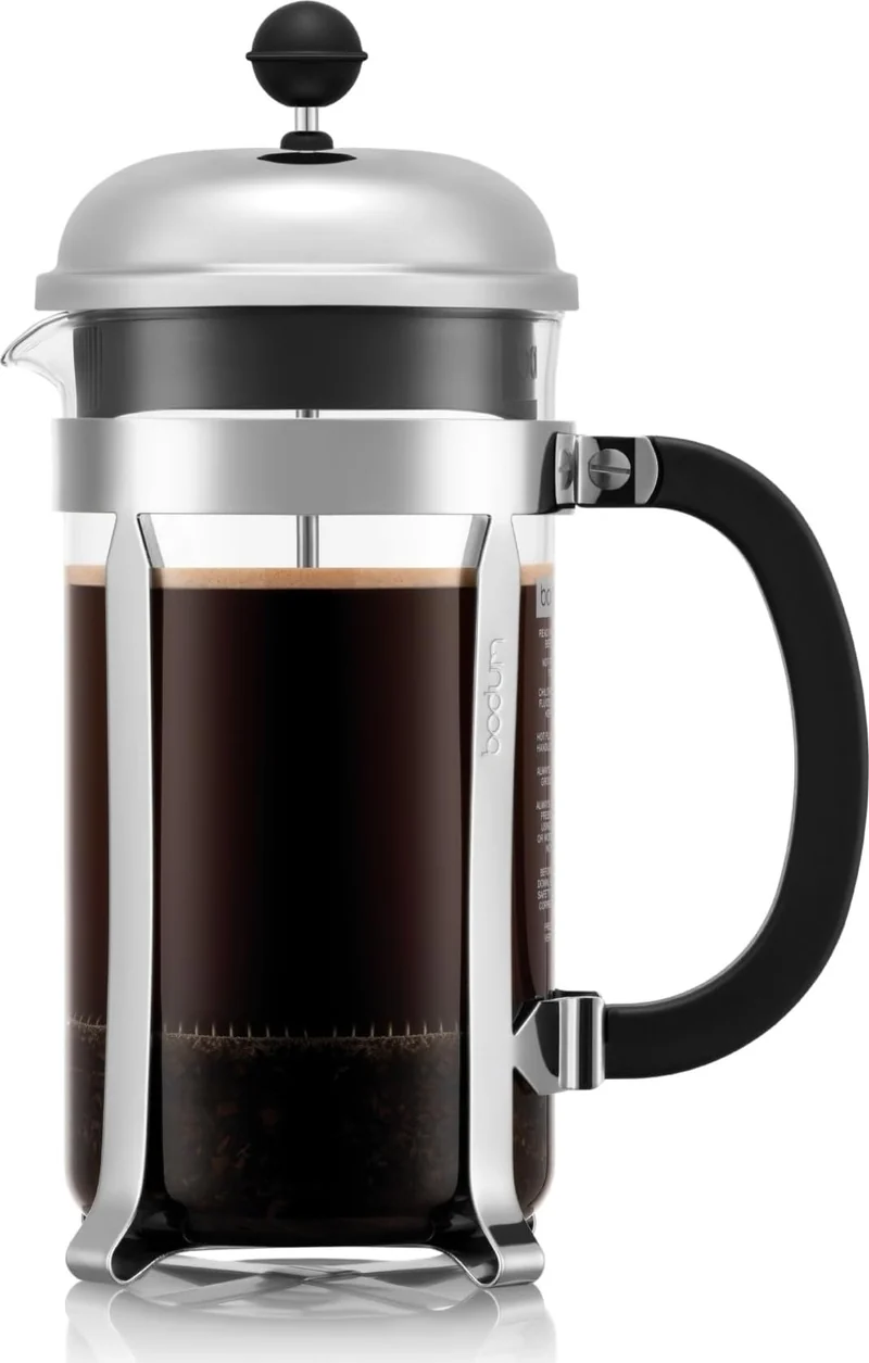 Bodum French Press Chambord - 1L / 8 Tassen Silber Kaffeebereiter - Hitzebeständiges Glas & Edelstahlfilter - BPA-frei Spülmaschinenfest Cafetière - Made in Portugal