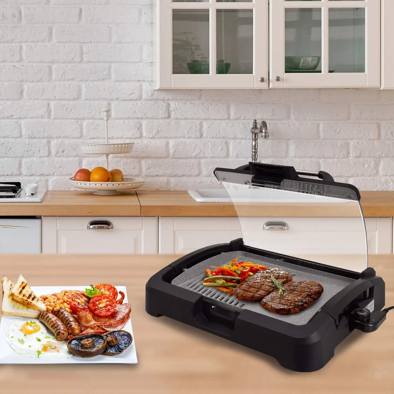 Syntrox Germany TG-2200W elektrischer Tischgrill mit Keramik Grillplatte Elektrogrill BBQ Grill Barbecue mit Glasdeckel