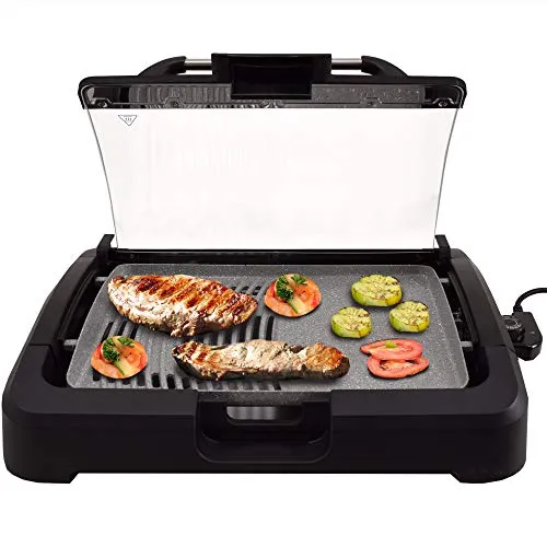 Syntrox Germany TG-2200W elektrischer Tischgrill mit Keramik Grillplatte Elektrogrill BBQ Grill Barbecue mit Glasdeckel