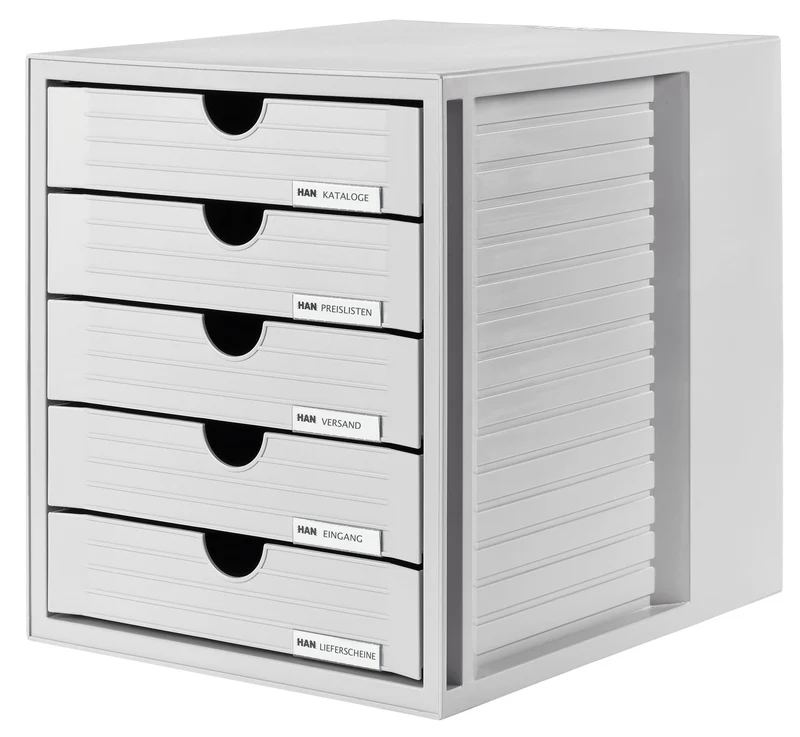 HAN Schubladenbox SYSTEMBOX mit 5 geschlossenen Schubladen für Unterlagen bis DIN C4, Schreibtisch oder im Schrank, inkl. Auszugsperre + Beschriftungsclip, möbelschonende Gummifüße, 1450-11, lichtgrau