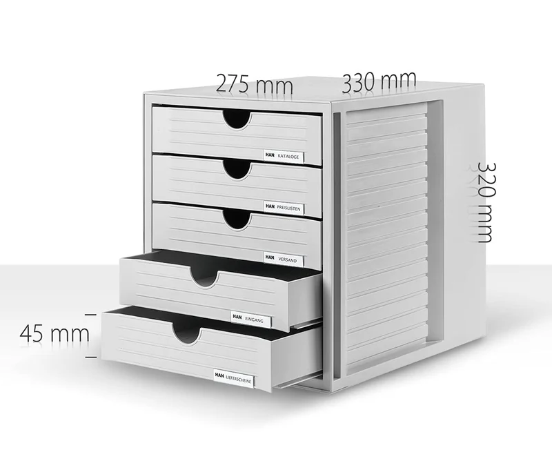 HAN Schubladenbox SYSTEMBOX mit 5 geschlossenen Schubladen für Unterlagen bis DIN C4, Schreibtisch oder im Schrank, inkl. Auszugsperre + Beschriftungsclip, möbelschonende Gummifüße, 1450-11, lichtgrau