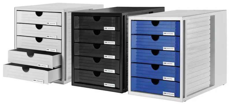 HAN Schubladenbox SYSTEMBOX mit 5 geschlossenen Schubladen für Unterlagen bis DIN C4, Schreibtisch oder im Schrank, inkl. Auszugsperre + Beschriftungsclip, möbelschonende Gummifüße, 1450-11, lichtgrau