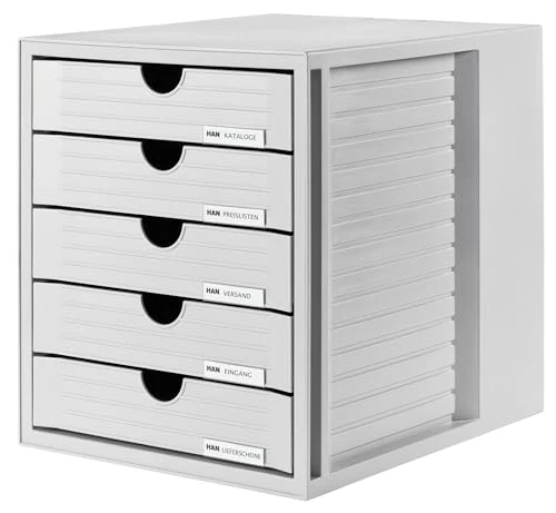 HAN Schubladenbox SYSTEMBOX mit 5 geschlossenen Schubladen für Unterlagen bis DIN C4, Schreibtisch oder im Schrank, inkl. Auszugsperre + Beschriftungsclip, möbelschonende Gummifüße, 1450-11, lichtgrau