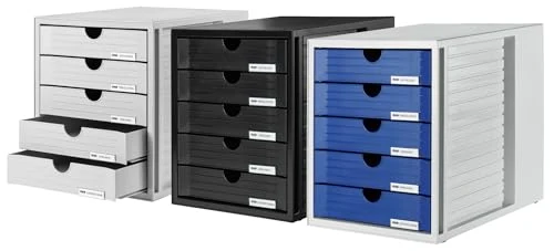HAN Schubladenbox SYSTEMBOX mit 5 geschlossenen Schubladen für Unterlagen bis DIN C4, Schreibtisch oder im Schrank, inkl. Auszugsperre + Beschriftungsclip, möbelschonende Gummifüße, 1450-11, lichtgrau