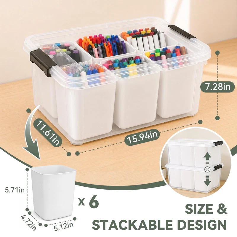 Aufbewahrungsbox mit Deckel, Plastikboxen mit Deckel, mit 6 herausnehmbaren Fächern, auch als Stiftehalter nutzbar, ideal zur Aufbewahrung von Schreibwaren, Bastelmaterial, Nähzubehör und Kleinteilen