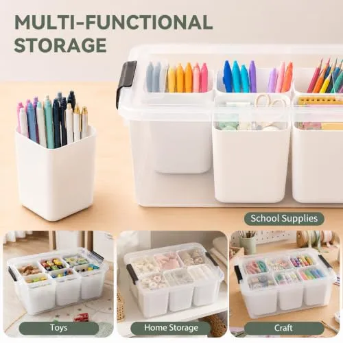Aufbewahrungsbox mit Deckel, Plastikboxen mit Deckel, mit 6 herausnehmbaren Fächern, auch als Stiftehalter nutzbar, ideal zur Aufbewahrung von Schreibwaren, Bastelmaterial, Nähzubehör und Kleinteilen