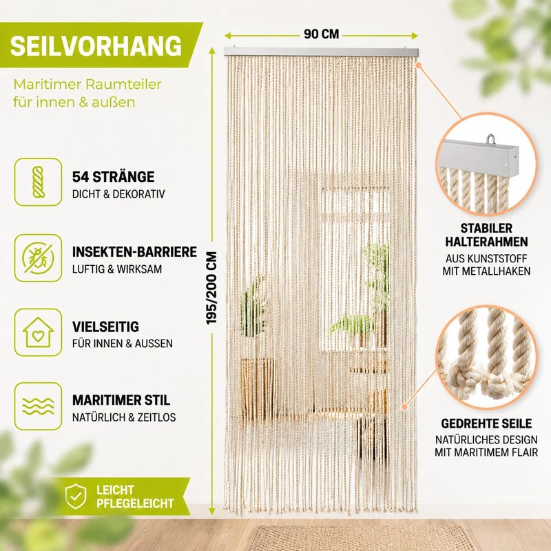 Kobolo Seilvorhang MARITIM 90x195/200cm Türvorhang 90x195/200 cm Beige