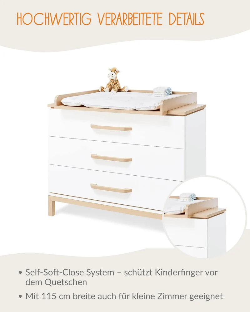 PINOLINO Wickelkommode Light breit I Große Kommode mit 3 Schubladen