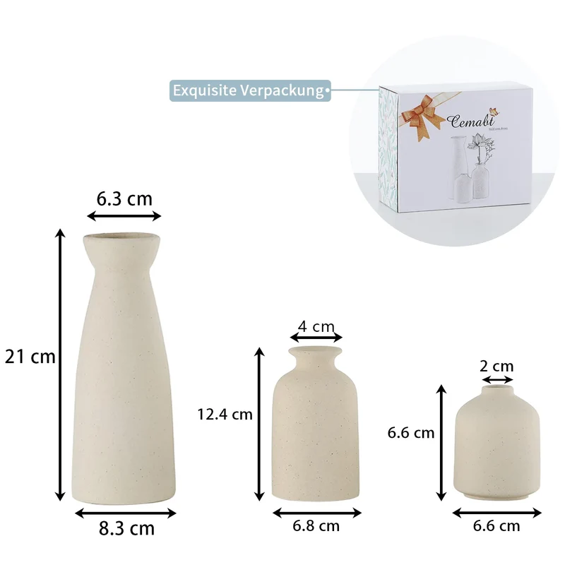 CEMABT Keramik Vasen 3er-Set Kleine Blumenvasen für Dekor, Moderne rustikale Bauernhaus Home Decor, Dekorative für Pampas Grass&getrocknete Blumen, Idee Regal,Tisch, Bücherregal,Mantel (Natur)