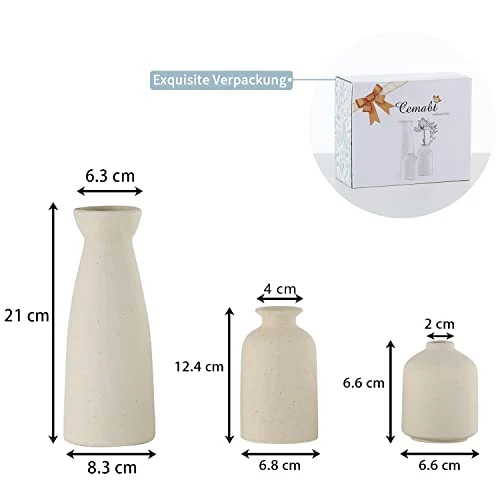 CEMABT Keramik Vasen 3er-Set Kleine Blumenvasen für Dekor, Moderne rustikale Bauernhaus Home Decor, Dekorative für Pampas Grass&getrocknete Blumen, Idee Regal,Tisch, Bücherregal,Mantel (Natur)