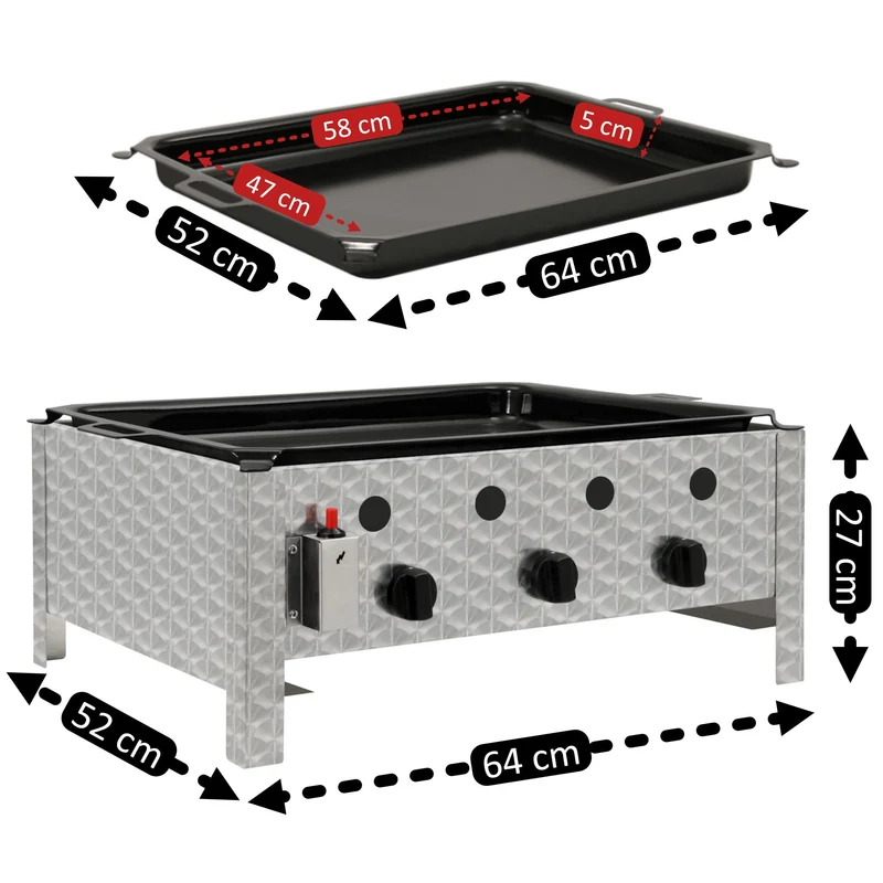 BBQ-Toro Edelstahl Gastrobräter | 3-flammig | 64 x 52 x 27 cm | Gastrogasgrill, Wurstbrater, Tisch Grill | Gastrogrill, Tischgasgrill, Gastischgrill, Bräter für Tisch & Gastronomie