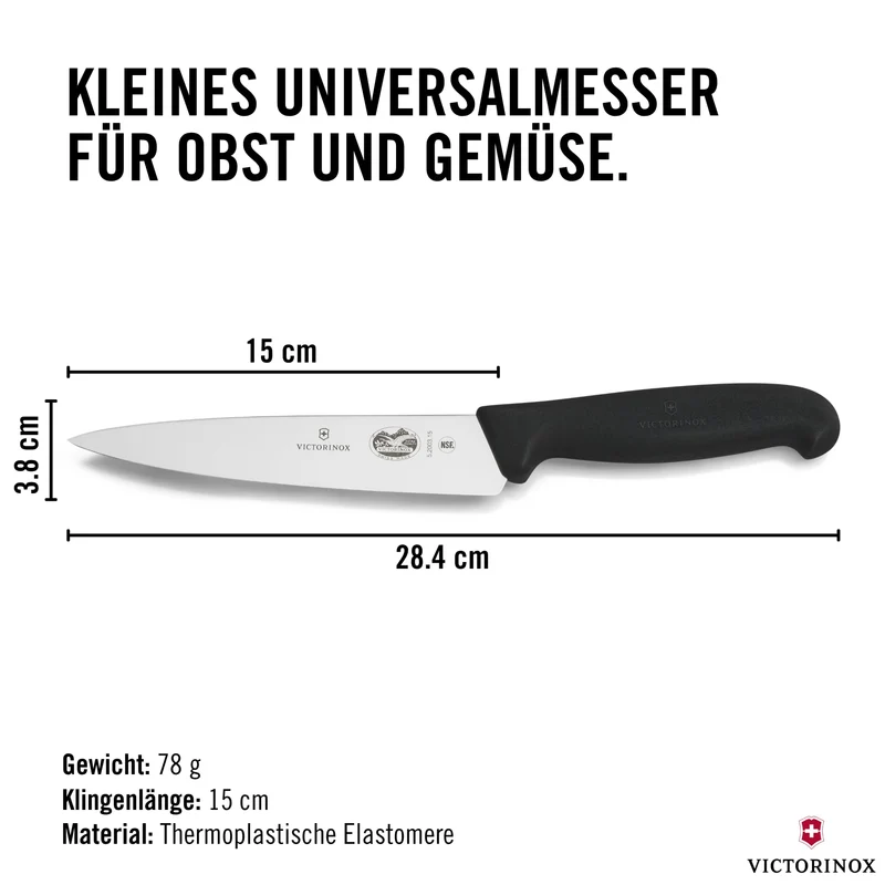 Victorinox Fibrox Kochmesser, Breites Universalmesser für Obst und Gemüse, 15 cm, Gerade Klinge, Scharf, HACCP geeignet, Rutschfest, Schwarz