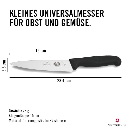 Victorinox Fibrox Kochmesser, Breites Universalmesser für Obst und Gemüse, 15 cm, Gerade Klinge, Scharf, HACCP geeignet, Rutschfest, Schwarz