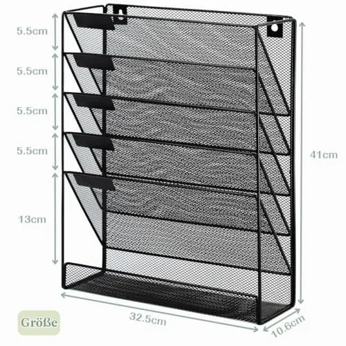 Zeitschriftenhalter Wand, Hängeorganizer Wandablagefächer A4, 6 Fächer Prospektspenderset, Metall Hängeorganizer, Dokumentenablage Schwarz