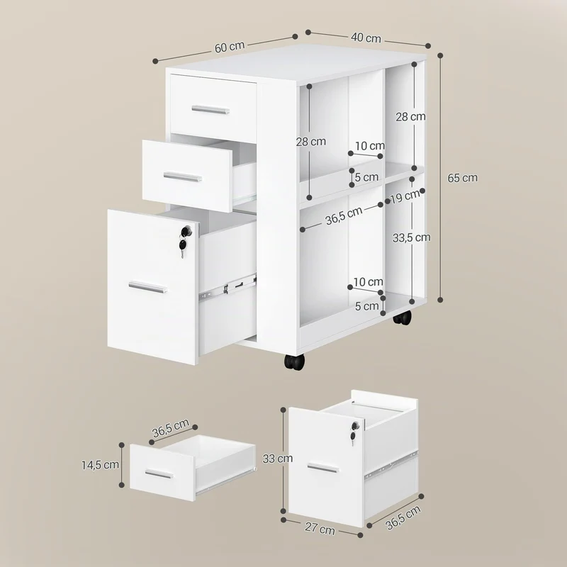 Hzuaneri Rollcontainer 40 x 60 x 70cm 3 Schubladen Zeitschriftenablage Weiß