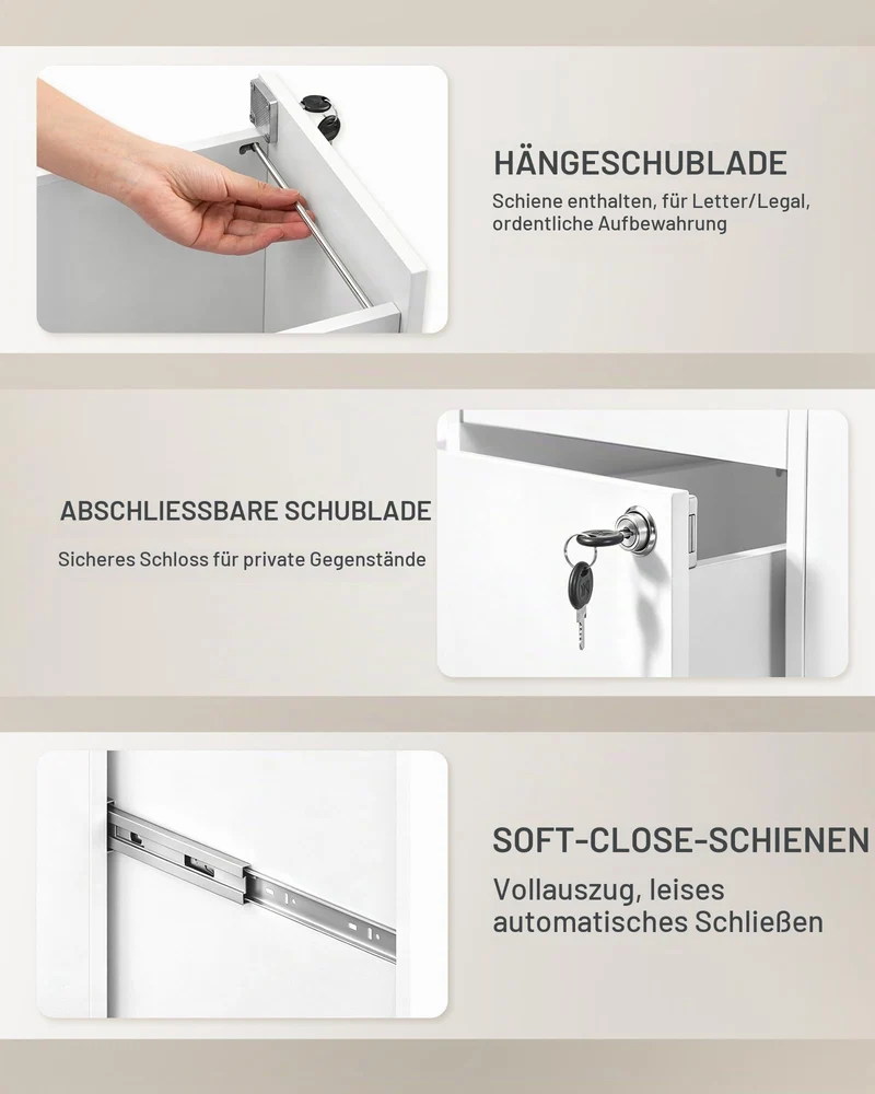 Hzuaneri Rollcontainer 40 x 60 x 70cm 3 Schubladen Zeitschriftenablage Weiß
