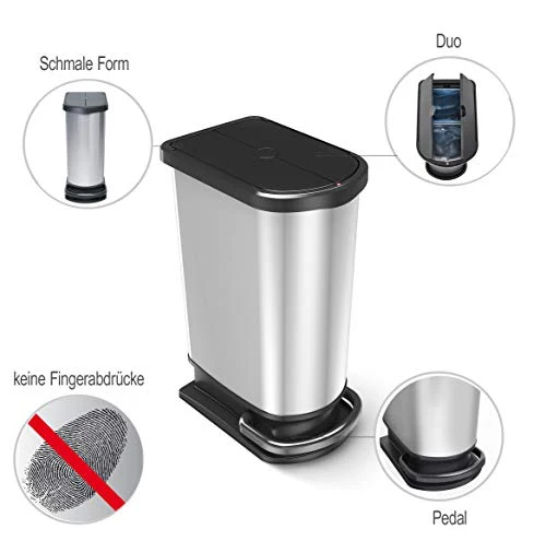 Rotho Paso Mülleimer 50l zur Mülltrennung mit Deckel und Pedal, Kunststoff (PP) BPA-frei, silbermetallic, 50l (44.0 x 29.0 x 67.0 cm), Silber