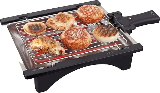 Jata BQ95 Elektrogrill, perfekt für zwei Personen, ohne Rauch, ohne Gerüche, abnehmbarer Grill mit 2 Höhen, Tablett aus Edelstahl, gesunde Küche mit Wasser [Energieeffizienzklasse A]