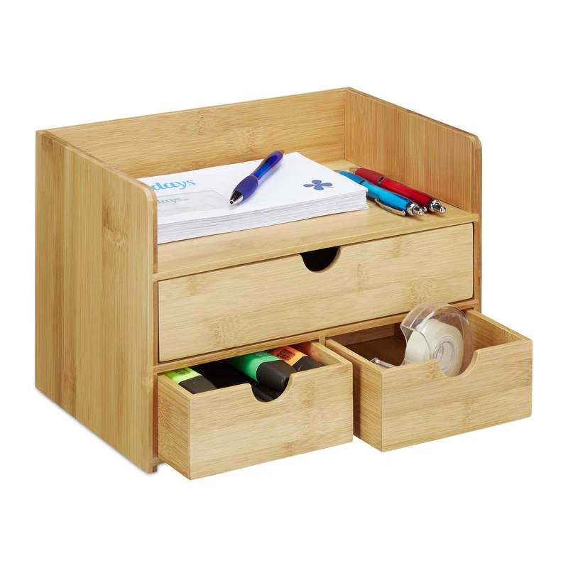 Relaxdays Organizer, Bambus Briefablage, Schubladen für Büro Utensilien, Ordnungssystem Schreibtisch, Natur, H x B x T: ca. 21 x 30 x 20 cm, Hellbraun