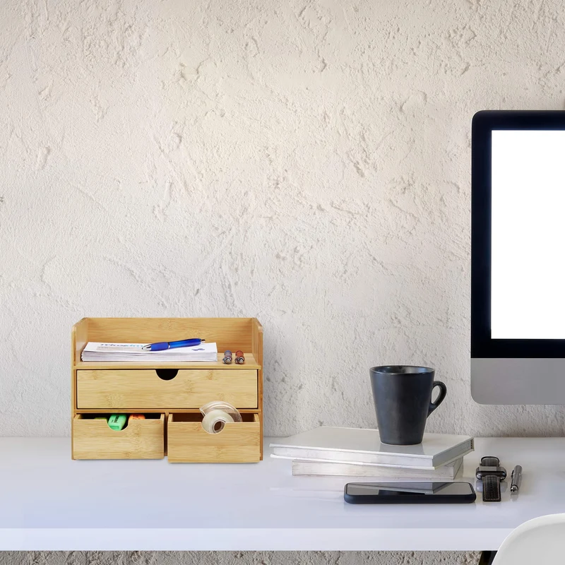Relaxdays Organizer, Bambus Briefablage, Schubladen für Büro Utensilien, Ordnungssystem Schreibtisch, Natur, H x B x T: ca. 21 x 30 x 20 cm, Hellbraun