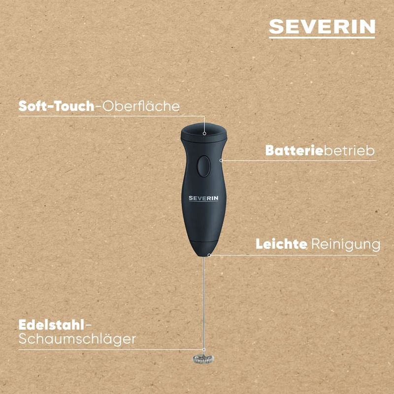 Severin Milchaufschäumer Stab, kompakter Milchschäumer aus Edelstahl, elektrischer Milchaufschäumer mit Batteriebetrieb und einfacher Handhabung, inkl. 2 Batterien, schwarz, SM 3590