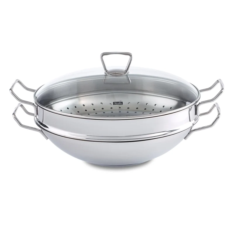 Fissler Nanjing/Edelstahl-Wok (Ø 36 cm) große Wok-Pfanne unbeschichtet,Asiapfanne mit Glas-Deckel, inkl. Dämpfeinsatz, alle Herdarten - auch Induktion