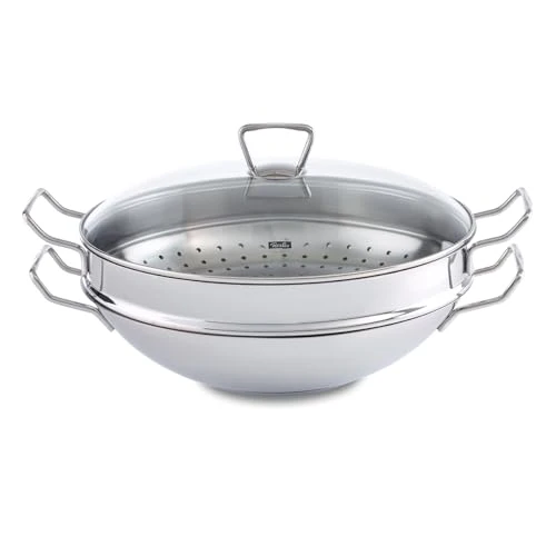 Fissler Nanjing/Edelstahl-Wok (Ø 36 cm) große Wok-Pfanne unbeschichtet,Asiapfanne mit Glas-Deckel, inkl. Dämpfeinsatz, alle Herdarten - auch Induktion