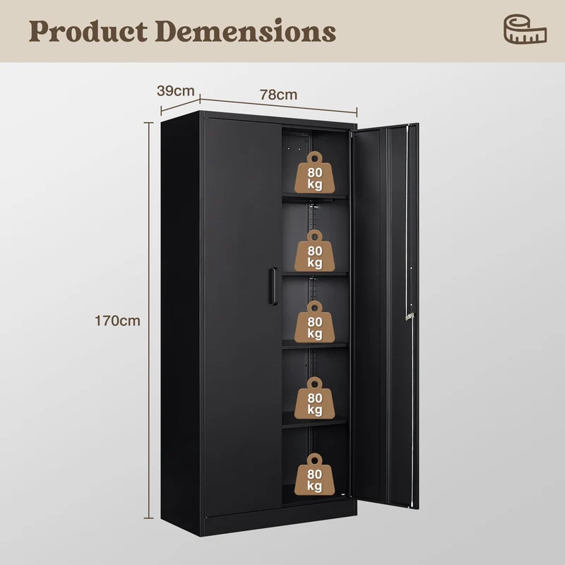 Sightlife Aktenschrank abschließbar mit 2 Türen Metallschrank Stahlschrank Mehrzweckschrank Metall Büroschrank Einstellbare Regale Aufbewahrungsschrank für Büro Haus Garage 170X78X39cm Schwarz