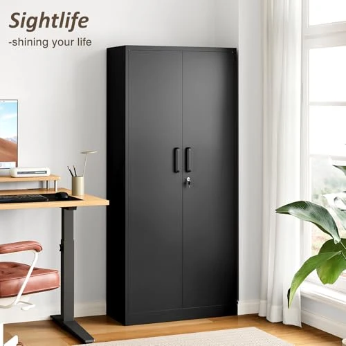 Sightlife Aktenschrank abschließbar mit 2 Türen Metallschrank Stahlschrank Mehrzweckschrank Metall Büroschrank Einstellbare Regale Aufbewahrungsschrank für Büro Haus Garage 170X78X39cm Schwarz