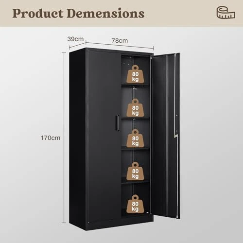 Sightlife Aktenschrank abschließbar mit 2 Türen Metallschrank Stahlschrank Mehrzweckschrank Metall Büroschrank Einstellbare Regale Aufbewahrungsschrank für Büro Haus Garage 170X78X39cm Schwarz