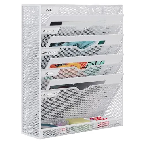 EasyPAG 6 Fächer Metall A4 Zeitschriftenhalter Wand Zeitschriften Wandhalter Aktenablage Dokumentenhalter Hängend Magazin Organizer Flyerständer Prospektspender,Weiß