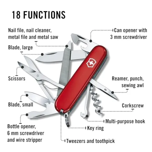 Victorinox Schweizer Taschenmesser, Mountaineer, Multitool, Swiss Army Knife mit 18 Funktionen, Klinge, Korkenzieher, Dosenöffner, Rot