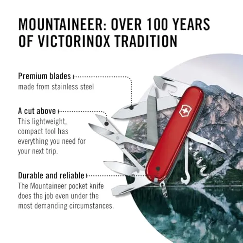 Victorinox Schweizer Taschenmesser, Mountaineer, Multitool, Swiss Army Knife mit 18 Funktionen, Klinge, Korkenzieher, Dosenöffner, Rot