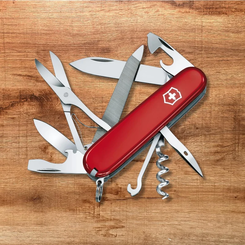 Victorinox Schweizer Taschenmesser, Mountaineer, Multitool, Swiss Army Knife mit 18 Funktionen, Klinge, Korkenzieher, Dosenöffner, Rot