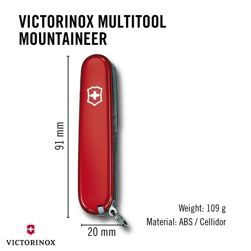 Victorinox Schweizer Taschenmesser, Mountaineer, Multitool, Swiss Army Knife mit 18 Funktionen, Klinge, Korkenzieher, Dosenöffner, Rot
