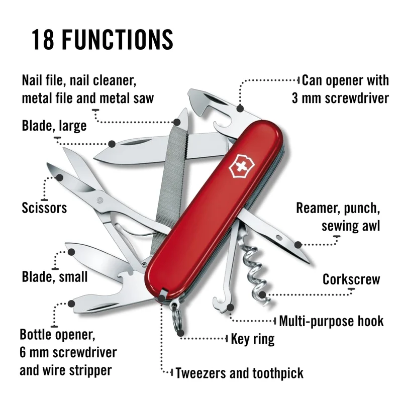 Victorinox Schweizer Taschenmesser, Mountaineer, Multitool, Swiss Army Knife mit 18 Funktionen, Klinge, Korkenzieher, Dosenöffner, Rot